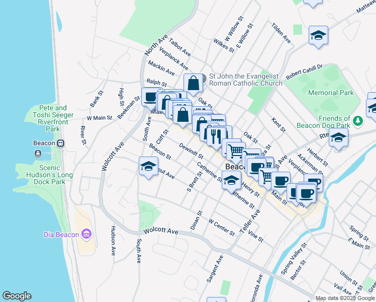map of restaurants, bars, coffee shops, grocery stores, and more near 1-9 South Elm Street in Beacon