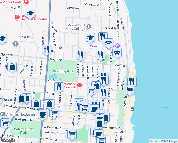 map of restaurants, bars, coffee shops, grocery stores, and more near 162 Johnston Street in Newburgh