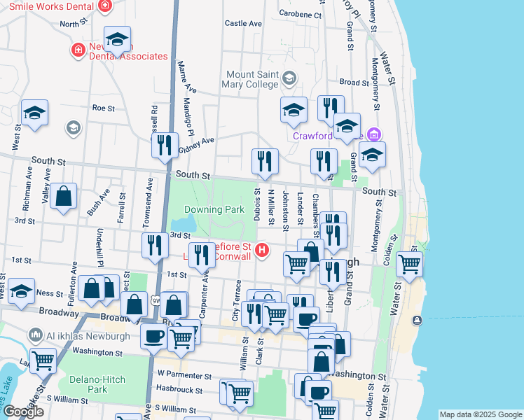 map of restaurants, bars, coffee shops, grocery stores, and more near 163 North Miller Street in Newburgh