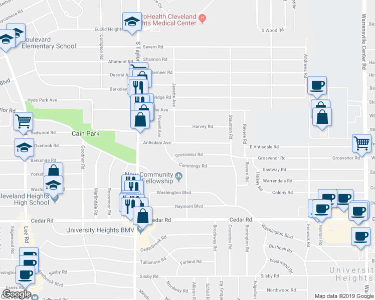 map of restaurants, bars, coffee shops, grocery stores, and more near 3559 Antisdale Avenue in Cleveland Heights
