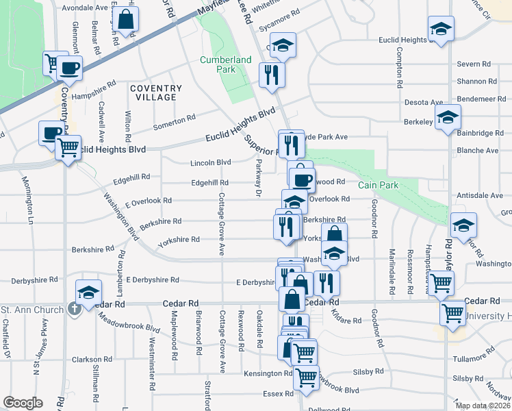 map of restaurants, bars, coffee shops, grocery stores, and more near 3119 East Overlook Road in Cleveland Heights