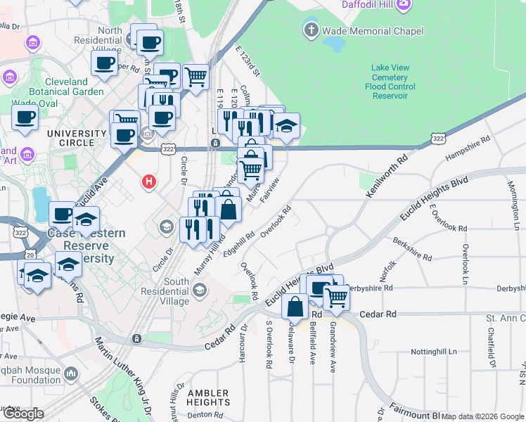 map of restaurants, bars, coffee shops, grocery stores, and more near 2081 Fairview in Cleveland