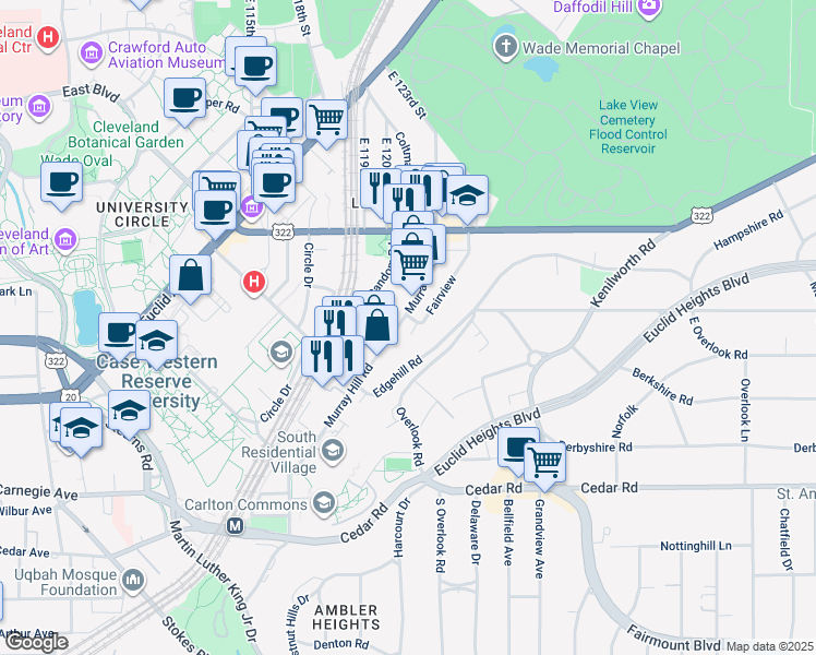 map of restaurants, bars, coffee shops, grocery stores, and more near 2080 Murray Hill Road in Cleveland