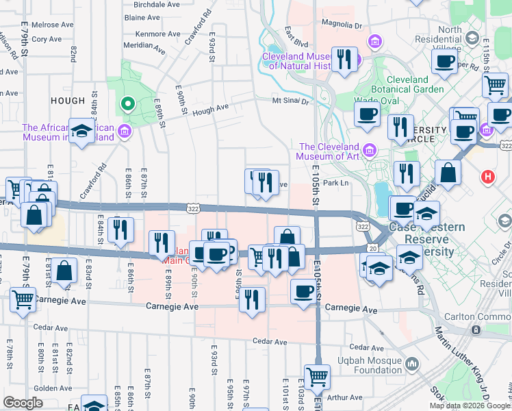 map of restaurants, bars, coffee shops, grocery stores, and more near 1891 East 97th Street in Cleveland