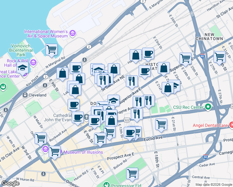 map of restaurants, bars, coffee shops, grocery stores, and more near 1540 Emerald Court in Cleveland