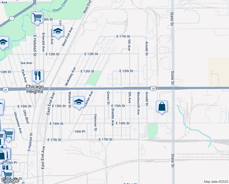 map of restaurants, bars, coffee shops, grocery stores, and more near 1334 Shields Avenue in Chicago Heights