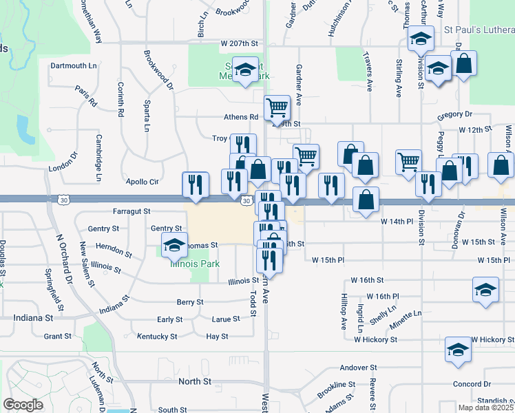 map of restaurants, bars, coffee shops, grocery stores, and more near in Olympia Fields