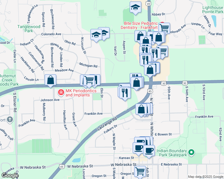 map of restaurants, bars, coffee shops, grocery stores, and more near 313 North Maple Street in Frankfort