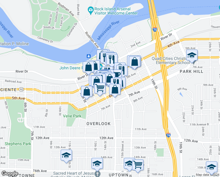 map of restaurants, bars, coffee shops, grocery stores, and more near 1515 5th Avenue in Moline