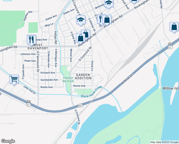 map of restaurants, bars, coffee shops, grocery stores, and more near 3110 Homestead Avenue in Davenport