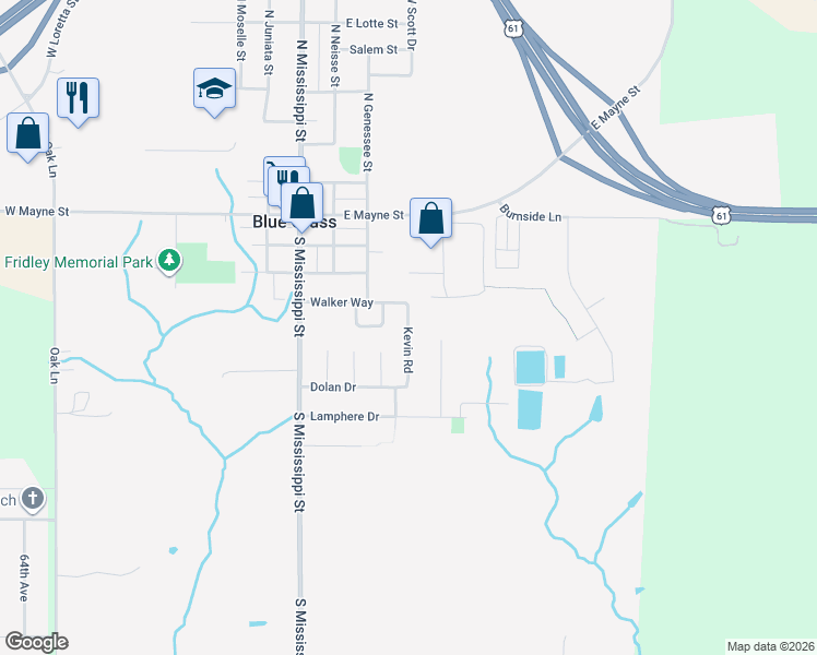 map of restaurants, bars, coffee shops, grocery stores, and more near 316-318 Walker Way in Blue Grass