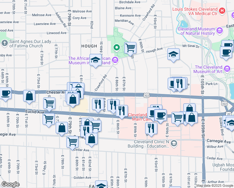 map of restaurants, bars, coffee shops, grocery stores, and more near East 86th Street in Cleveland