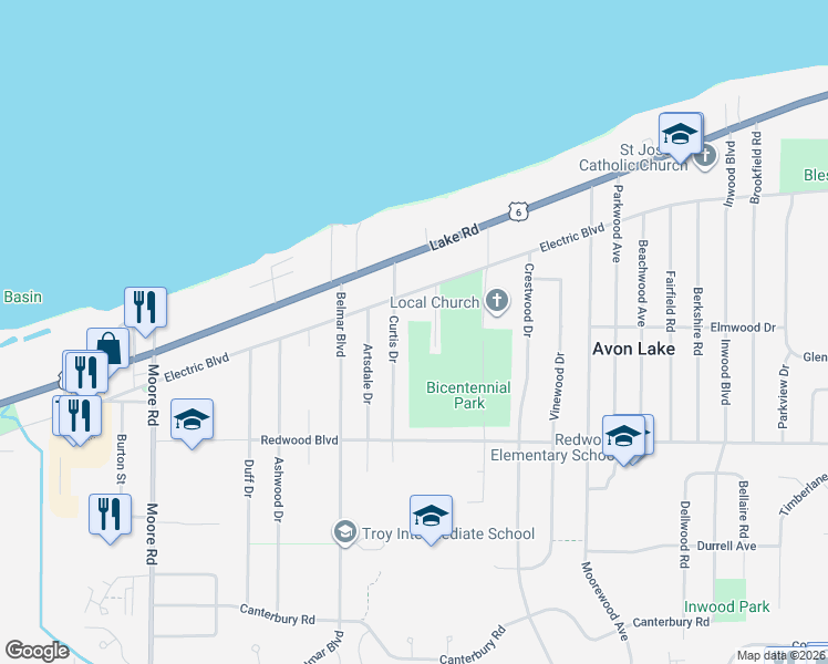 map of restaurants, bars, coffee shops, grocery stores, and more near 154 Centennial Drive in Avon Lake