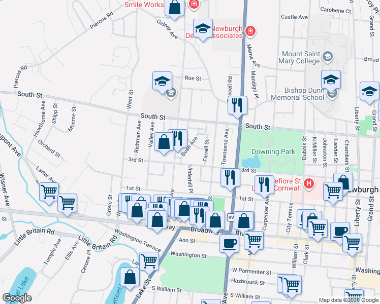 map of restaurants, bars, coffee shops, grocery stores, and more near 16 Norton Street in Newburgh