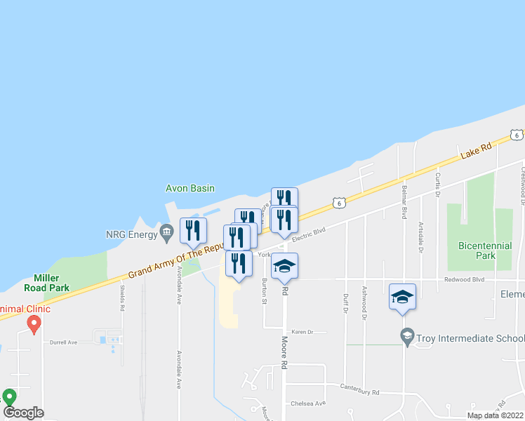 map of restaurants, bars, coffee shops, grocery stores, and more near 1 West Shore Road in Avon Lake