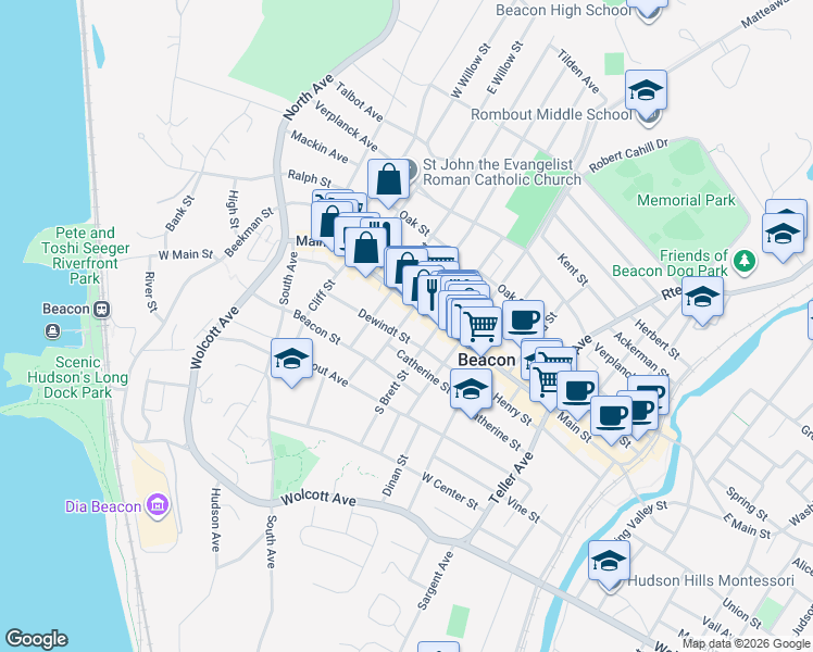 map of restaurants, bars, coffee shops, grocery stores, and more near 267B Main Street in Beacon
