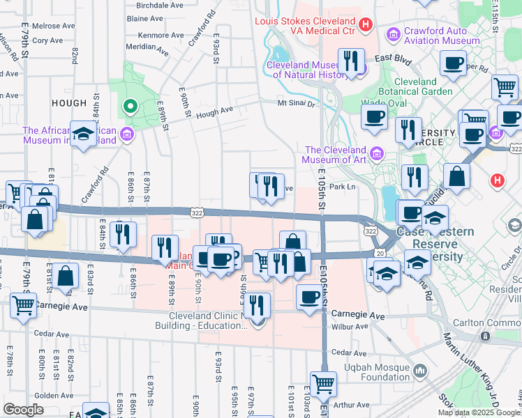 map of restaurants, bars, coffee shops, grocery stores, and more near 10001 Chester Avenue in Cleveland