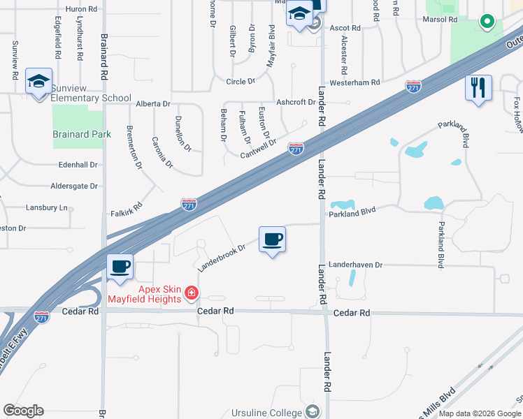 map of restaurants, bars, coffee shops, grocery stores, and more near 5915 Landerbrook Drive in Cleveland