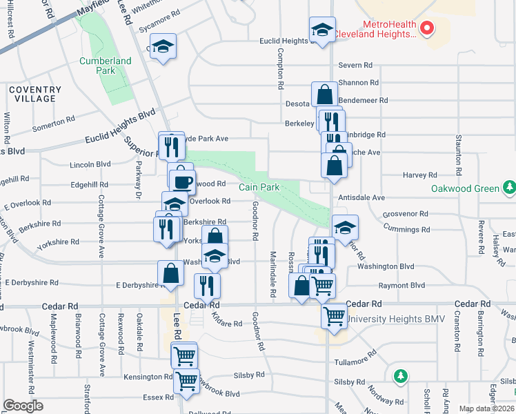 map of restaurants, bars, coffee shops, grocery stores, and more near 14586 Superior Road in Cleveland Heights