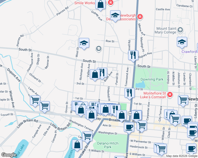 map of restaurants, bars, coffee shops, grocery stores, and more near 141 Fullerton Avenue in Newburgh