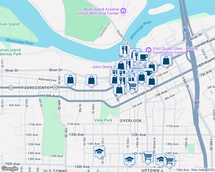 map of restaurants, bars, coffee shops, grocery stores, and more near 347 12th Street in Moline