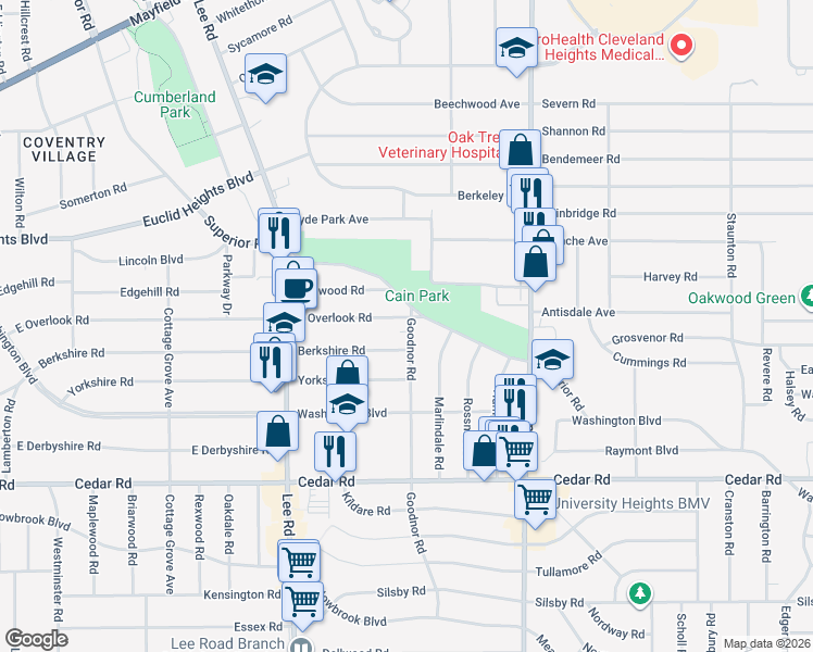 map of restaurants, bars, coffee shops, grocery stores, and more near 14586 Superior Road in Cleveland Heights