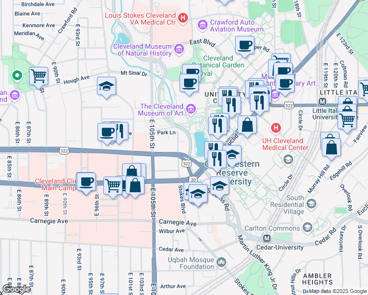 map of restaurants, bars, coffee shops, grocery stores, and more near Harrison Dillard Trail in Cleveland