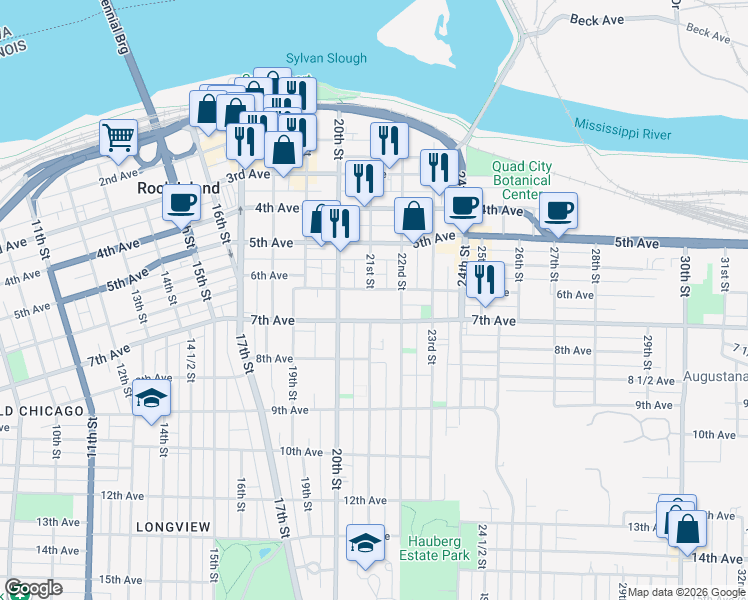 map of restaurants, bars, coffee shops, grocery stores, and more near 2100 6th Avenue in Rock Island