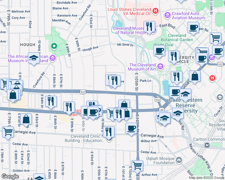 map of restaurants, bars, coffee shops, grocery stores, and more near 10001 Chester Avenue in Cleveland