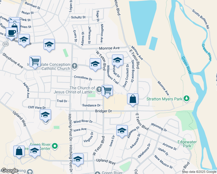map of restaurants, bars, coffee shops, grocery stores, and more near 2220 Cumorah Way in Green River