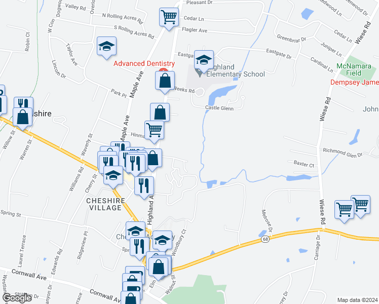 map of restaurants, bars, coffee shops, grocery stores, and more near 300 Highland Avenue in Cheshire