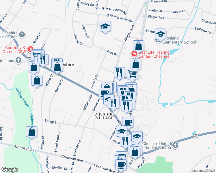 map of restaurants, bars, coffee shops, grocery stores, and more near 40 George Avenue in Cheshire