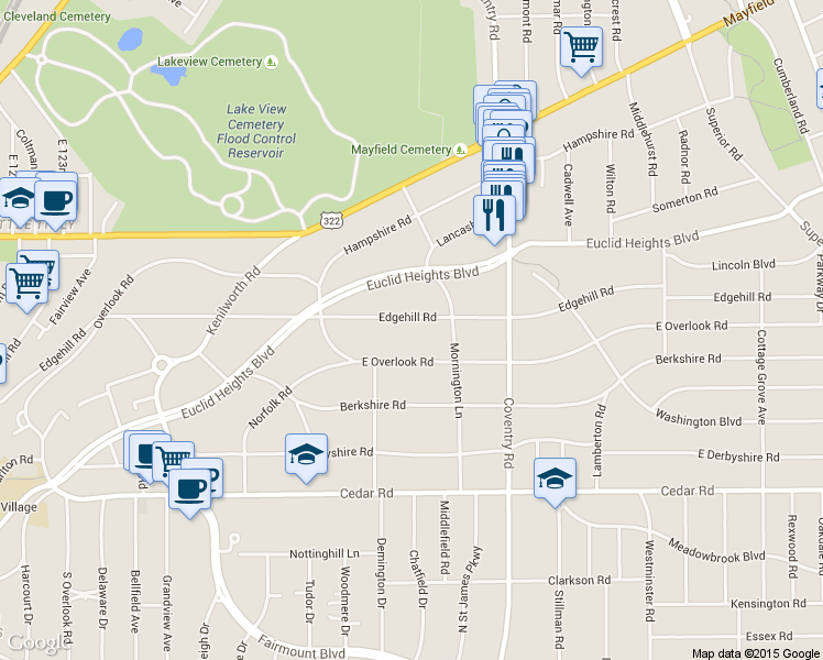 map of restaurants, bars, coffee shops, grocery stores, and more near 2697 Edgehill Road in Cleveland Heights