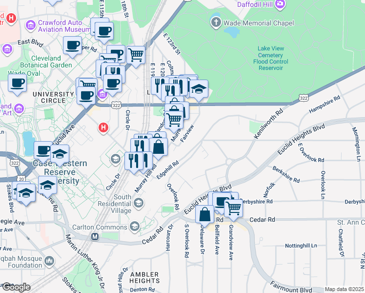map of restaurants, bars, coffee shops, grocery stores, and more near 2081 Fairview in Cleveland