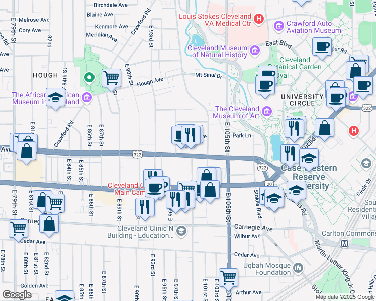 map of restaurants, bars, coffee shops, grocery stores, and more near 9908 Newton Avenue in Cleveland