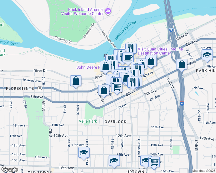 map of restaurants, bars, coffee shops, grocery stores, and more near 1311 4th Avenue in Moline