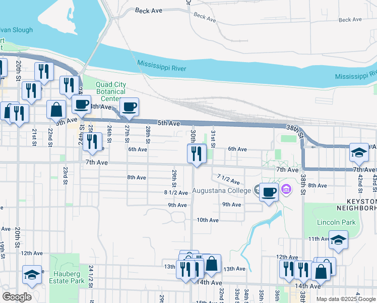 map of restaurants, bars, coffee shops, grocery stores, and more near 2912 5 1/2 Avenue in Rock Island