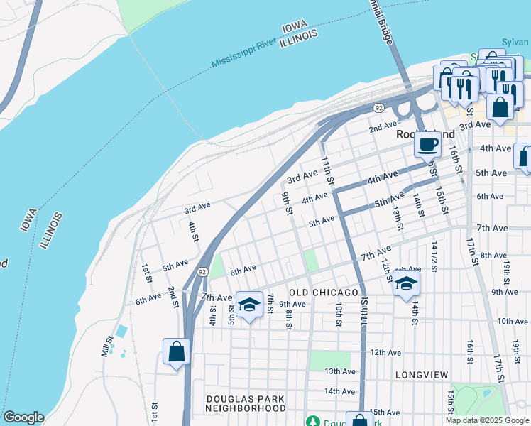 map of restaurants, bars, coffee shops, grocery stores, and more near 401 8th Street in Rock Island