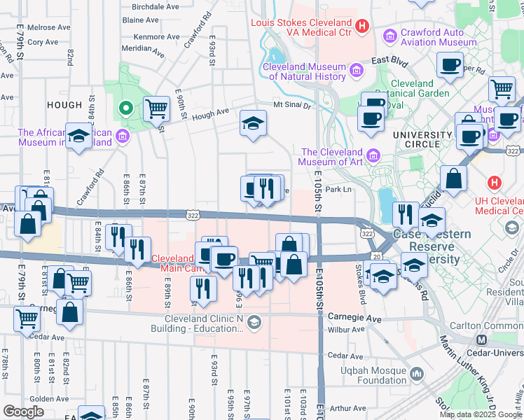 map of restaurants, bars, coffee shops, grocery stores, and more near 9751 Chester Avenue in Cleveland