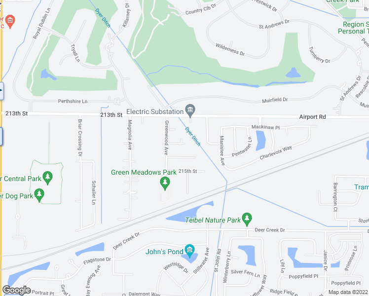 map of restaurants, bars, coffee shops, grocery stores, and more near 1446 Meadow Lane in Dyer