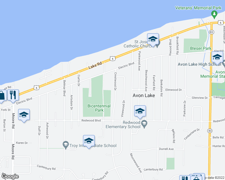 map of restaurants, bars, coffee shops, grocery stores, and more near 176 Crestwood Drive in Avon Lake