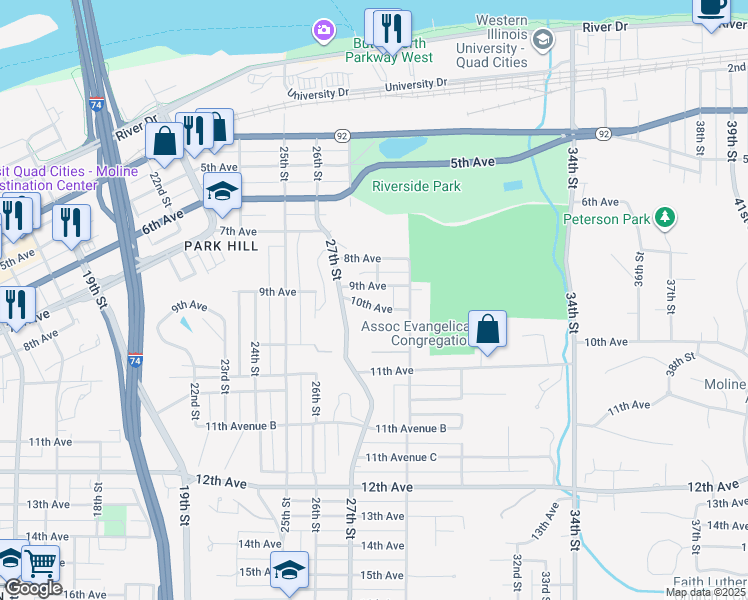 map of restaurants, bars, coffee shops, grocery stores, and more near 2735 10th Avenue in Moline