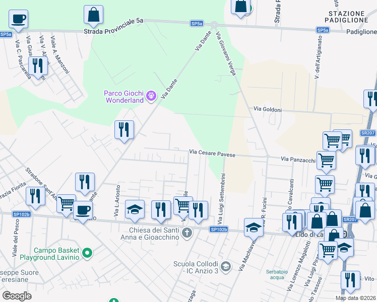 map of restaurants, bars, coffee shops, grocery stores, and more near 54 Via Cesare Pavese in Anzio