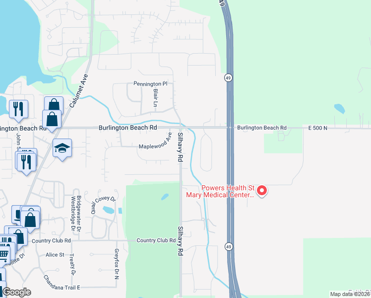 map of restaurants, bars, coffee shops, grocery stores, and more near 3905-4061 Silhavy Road in Valparaiso