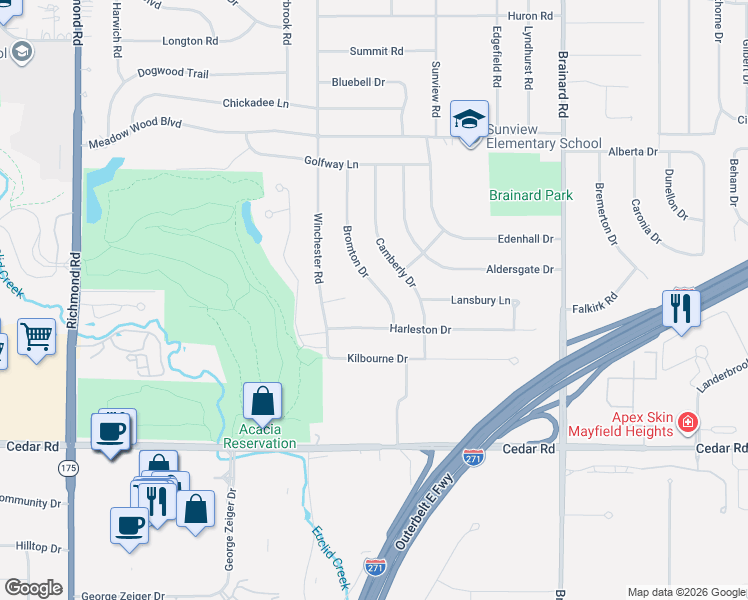 map of restaurants, bars, coffee shops, grocery stores, and more near 1945 Bromton Drive in Lyndhurst