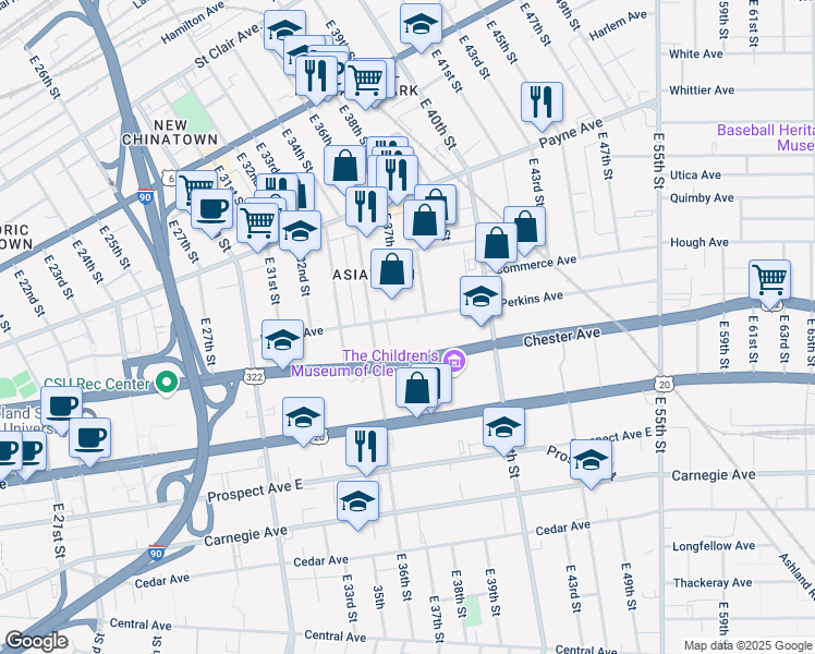 map of restaurants, bars, coffee shops, grocery stores, and more near 3700 Perkins Avenue in Cleveland