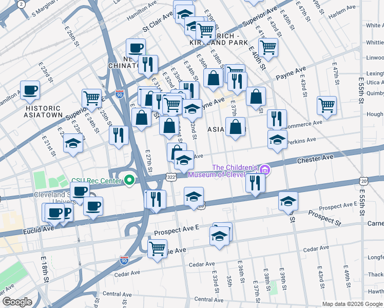 map of restaurants, bars, coffee shops, grocery stores, and more near 1796 East 32nd Street in Cleveland