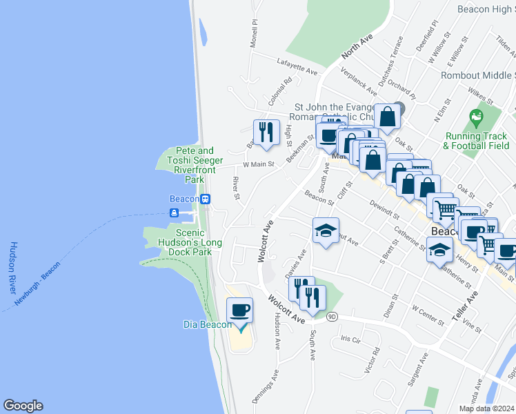 map of restaurants, bars, coffee shops, grocery stores, and more near 22 Hammond Plaza in Beacon