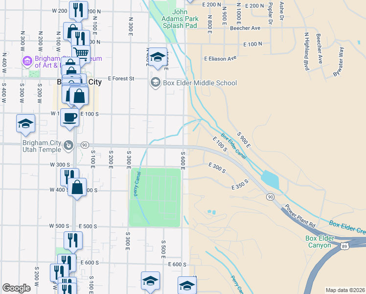 map of restaurants, bars, coffee shops, grocery stores, and more near 598 East 200 South in Brigham City