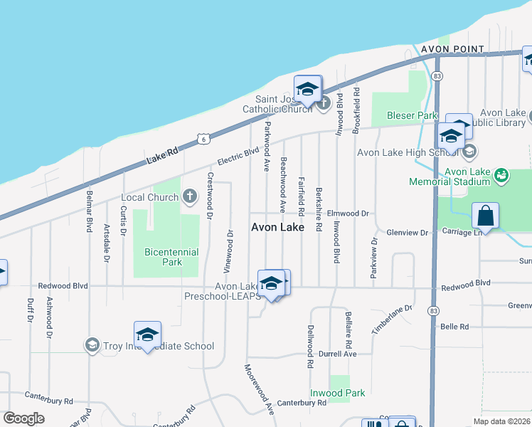 map of restaurants, bars, coffee shops, grocery stores, and more near 33007 Elmwood Drive in Avon Lake